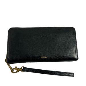 Fossil Black Leather Wallet Wristlet Zip Around Clutch